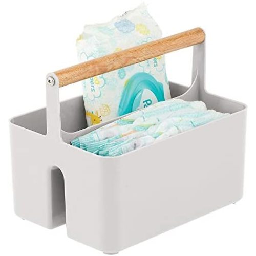 mDesign Plastic Portable Nursery Storage Organizer Caddy Tote - Divided Basket Bin with Wood Handle - Holds Bottles, Spoons, Bibs, Pacifiers, Diapers, Wipes, Baby Lotion - Light Gray - Light Gray/Natural