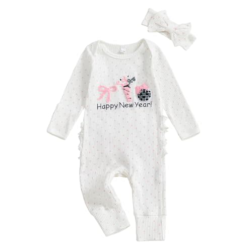 My First New Year Newborn Baby Girl Fall Romper Long Sleeve Ribbed Jumpsuit Headband One Piece New Year Outfit