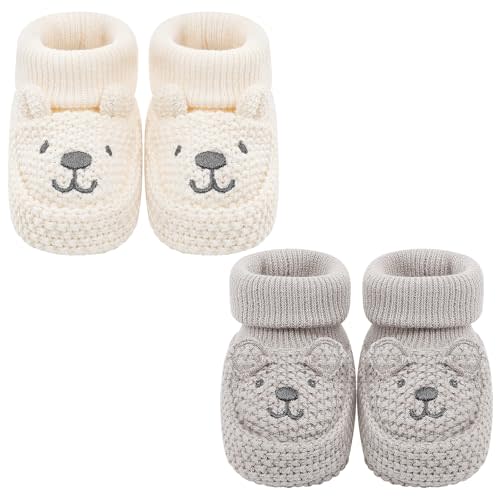 Newborn Shoes Knit Soft Baby Sock Booties for Infant Boys Girls First Walking 2 Pairs, 0-3 Months