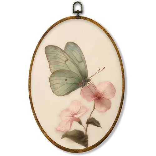 Hiuwevt Green Butterfly Oval Wall Art Decor, Vintage Pink Floral Butterfly Moth Framed Canvas Prints, Retro Cottagrcore Floral Round Wall Hanging Decor for Bedroom Home Decorations, 8.6x11.4 Inches