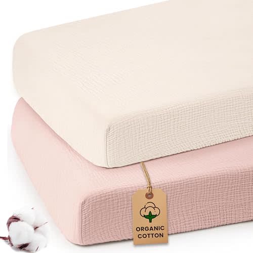 Infancie Organic Cotton Muslin Crib Sheets (Set of 2) – Soft & Breathable Fitted Sheets for Boys and Girls, Neutral Colors – Fits Standard Baby Crib Mattress (28 x 52 Inches) (Peach/Ivory)