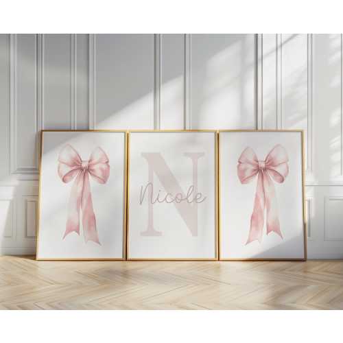 Pink Bow Wall Art Set of 3 Custom Prints Nursery Girl Room Decor Personalized Name Sign Watercolor Prints Girly Art Printable Posters