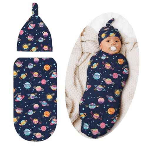Qwalnely Space Swaddle Blanket with Hat for Baby, Swaddling Sleeping Sacks, Space Planet Theme Baby Items Stuff, Shower Gifts for Boys Girls