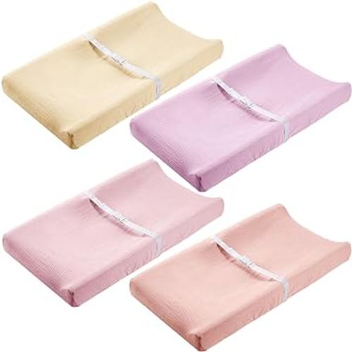 Mixweer 4 Pack Muslin Changing Pad Cover Soft Breathable Cotton Diaper Changing Table Pad Cover Table Sheets for Baby Boys Girls, Fit 2 Sizes(Pastel Color)