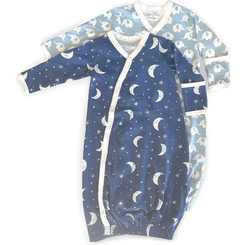 Cambria Baby 100% Organic Kimono Gowns. Side Snaps with Built in Mitts. (Blue Moon and Elephant, 0-6 Months), Boy