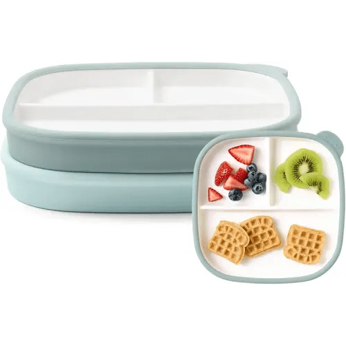 Ello Clean Start Toddler Breakfast Plate 2 Pack | BPA-Free Ceramic Plates with Divider & Silicone Sleeve for Babies/Toddlers| Microwave & Dishwasher Safe | High Chair Friendly | Dewdrop/Grayed Jade