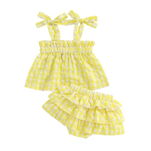 Adobabirl Baby Girl Summer Outfits Plaid Tie-Up Straps Sleeveless Tank Tops Layered Bloomers Shorts Boutique Clothing Set