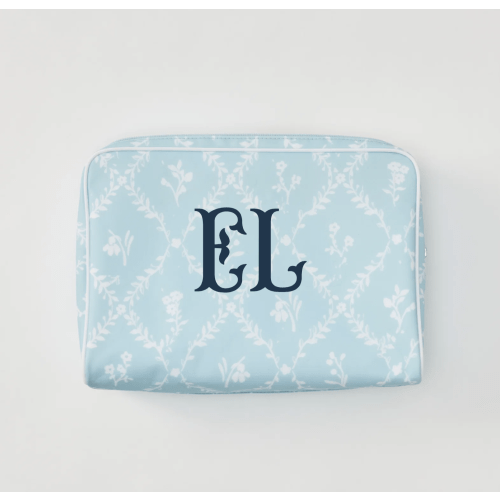 Weezie Personalized Patterned Toiletry Bag Trio - Blue Trellis