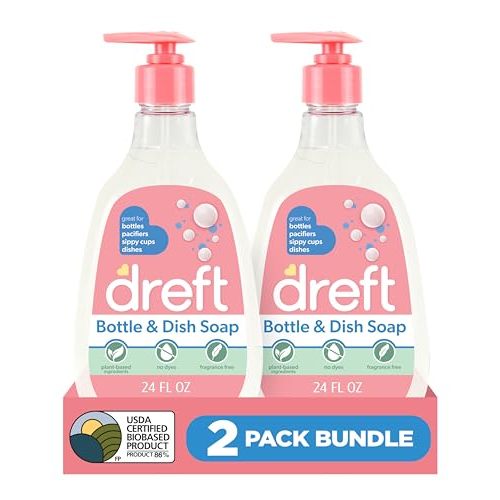 Dreft Baby, Bottle and Dish Soap, Removes Milk Film & Odor, Plant Based, Fragrance Free, Travel Size Bottles, 24 Fl Oz (Pack of 2)