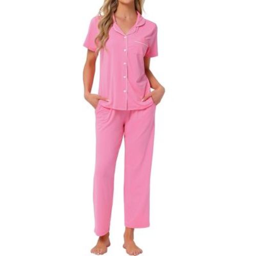 cheibear Women's Button Down Short Sleeve Shirt and Pants 2 Piece Pajama Set Loungewear