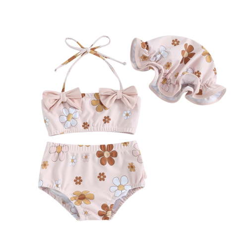 WOYY Baby Girls Swimwear Bow Halter Bikini Set with Hat UPF 50+ Bathing Suits, Sizes 9-12 Months