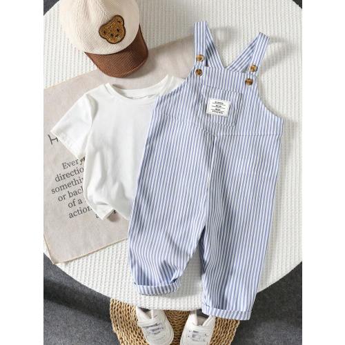 Baby Boy/Girl Toddler Fall/Winter Outfit Set, Overalls, Rompers, Cute Bear Embroidered Blue & White Striped Bib Pants Jumpsuit, Comfortable Versatile Fashionable Casual Minimalist Basic, Suitable For Indoor Spring, Outdoor Skiing, Daily Wear, Sports, Play