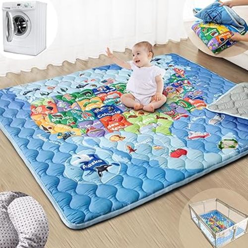 Baby Play Mats for Floor, 71”x59” Upgraded Thickness & Larger Super Soft Playmat for Babies and Toddlers, Foldable Washable, Upgrade Anti-Slip Crawling Mat for Playpen(Map)