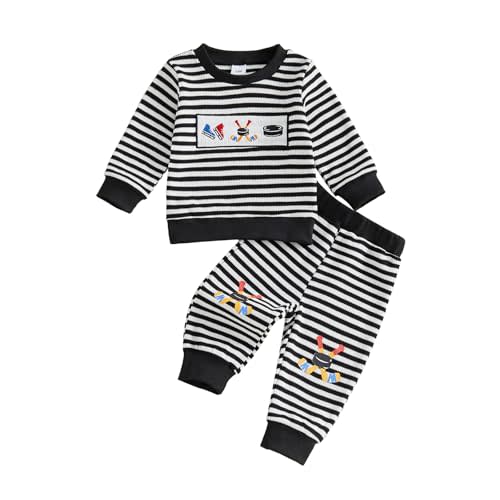 Toddler Boy Hockey Outfits Fall Winter Clothes | Long Sleeve Crew Neck Ice Hockey Print Sweatshirts Joggers Pants Set, Indoor or Outdoor Wear