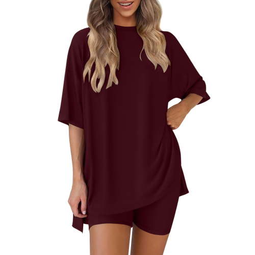 Bovxnpu Summer Casual Outfits For Women, 2 Piece Lounge Sets, Women's Summer Solid Color Round Neck Five Quarter Sleeved Top+shorts Pants Two-piece Set M