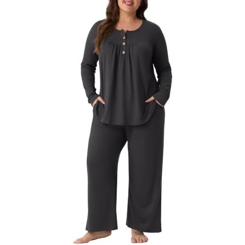 Plus Size Pajamas for Women Henley Wide Leg Pants Set with Pockets