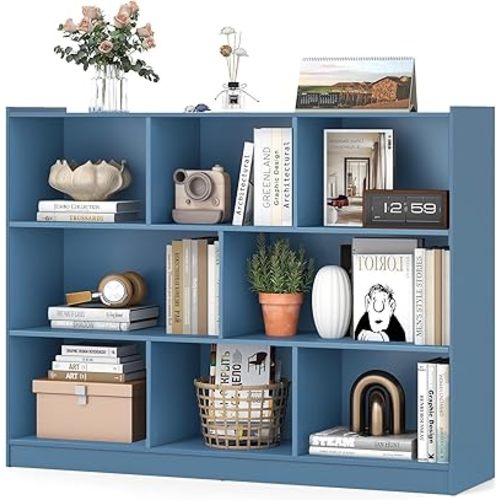Giantex 8 Cube Bookcase, Freestanding 3-Tier Open Bookshelf, Modern Storage Display Cabinet, Wood Cube Storage Organizer for Living Room, Kid’s Room, Bright Blue