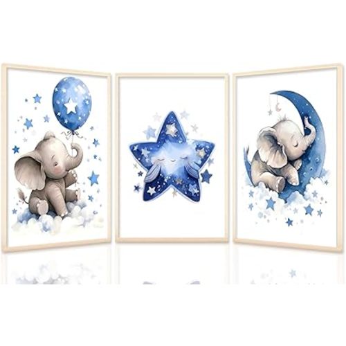 HNNXAR Elephant Nursery Wall Decor,Blue Moon And Stars Picture Painting,Baby Girl Room Decor,Nursery Canvas Wall Art,Cute Animal Poster Prints Set of 3 For Baby Girls Boy Bedroom 12x16 Unframed