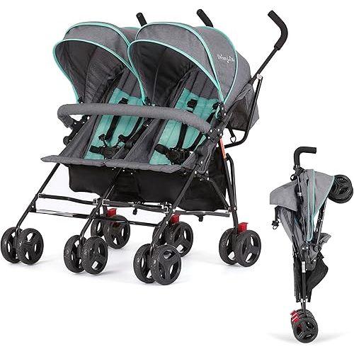 Dream On Me Volgo Twin Baby Stroller, Lightweight Side-by-Side Double Umbrella Stroller with Adjustable Canopy, 5-Point Harness, Storage Basket & Travel-Friendly Fold – Mint and Dark Grey