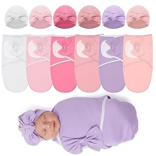 Ramede 6 Pack Preemie Swaddle Blanket with Hats Sleep Swaddle for Baby Boy Girl Preemie Newborn Sacks Soft Cotton Wearable (Rosette,Light Color)