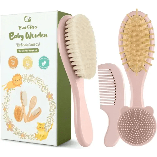 Yoofoss 4 Piece Baby Hair Brush and Comb Set,Wooden Baby Hair Brush with Natural Ultra Soft Goat Hair, Baby Comb Set for Boy, Girl - Pink
