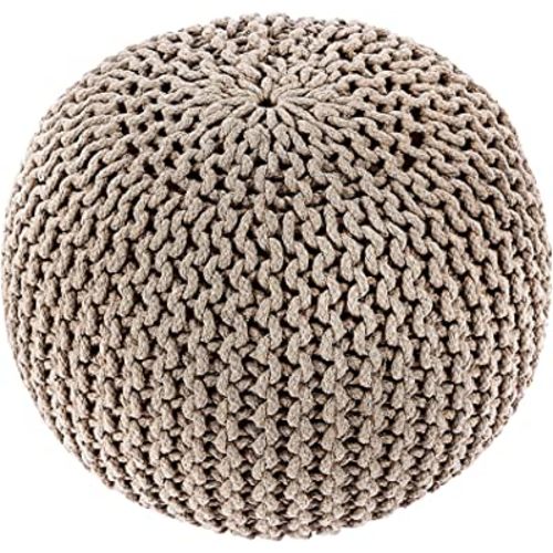 REDEARTH Round Pouf Ottoman - Hand Knitted Cable Boho Poof Home Décor Pouffe Circular Footrest for Living Room - Bedroom - Lounge - 100% Cotton (19.5"x19.5"x14") - Beige