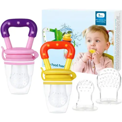 Baby Fruit Feeder by HAOBAOBEI, Frozen Teething Toys for Babies, Fruit Pacifier Feeder with 4 Sizes Silicone Pouches, Eating Essentials, BPA Free Feeding Supplies -2 Pack (Pink Yellow)