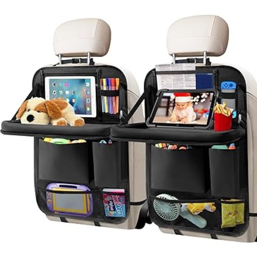 Car Backseat Organizer with Tablet Holder, 6 Storage Pockets Foldable Table Tray Seat Back Protectors Kick Mats Travel Accessories, 2 Pack Black