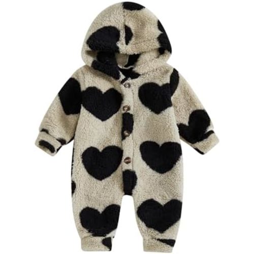 Newborn Boy Girl Valentine Outfit Long Sleeve Button Up Hooded Romper Infant Baby Spring Clothes Fleece Heart Jumpsuit