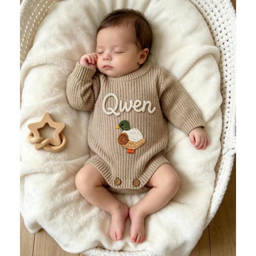 Custom Ducks Romper, Personalized Baby Name Romper, Hand Knitted Mallard Duck Outfit, Embroidered Baby Romper, Baby Boy Announcement Outfits