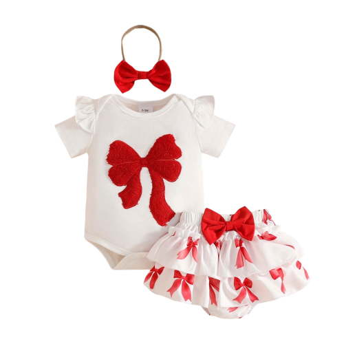 Staki Newborn Baby Girl Clothes Infant Outfits Summer Shorts Set Bowknot Romper+Cute Baby Skirt +Headband 3M 6M 9M Red,6-9 Months