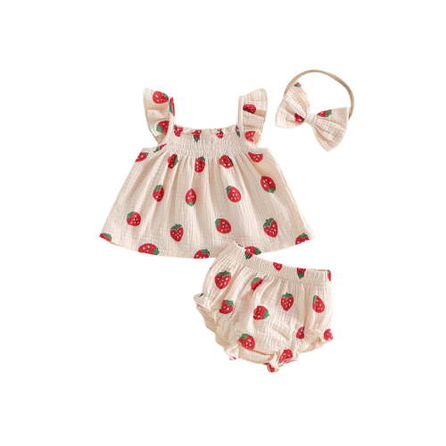 BemeyourBBs Newborn Baby Girl Strawberry Outfit Summer Clothes Flying Sleeve Babydoll Shirt Tops Ruffle Shorts and Headband 3 Piece Clothing Set