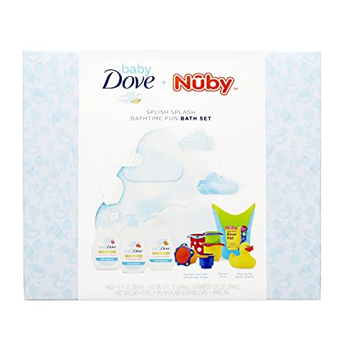 Baby Dove + Nuby Splish Splash Bathtime Gift Set Baby Shower Gift Body Wash, Shampoo, Lotion, Hot Safe Bath Duck, Stacking Cups and Tear-Free Rinse Pail Baby Dermatologist Tested