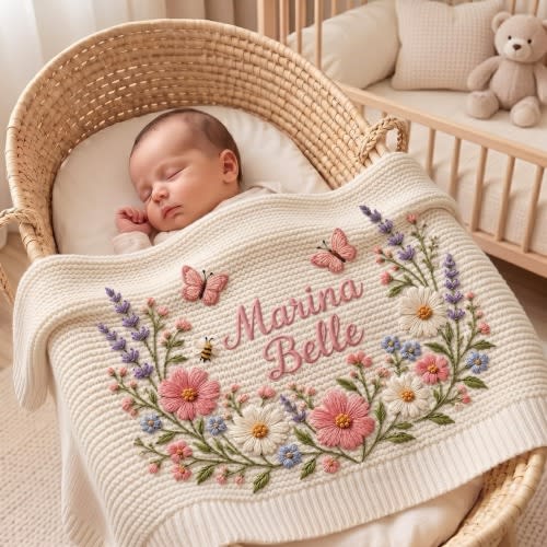 Personalized Knit Wildflower Baby Blanket Name, Custom Embroidered Floral Butterfly Keepsake Newborn, Baby Girl Swaddler, Toddler Blanket
