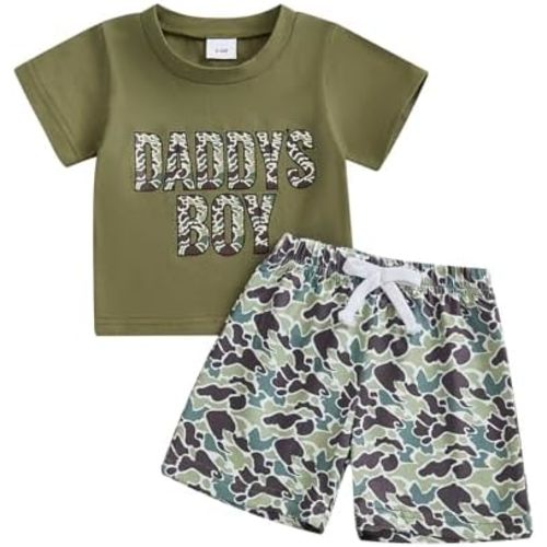 Toddler Baby Boy Summer Clothes Retro Embroidery Duck Hunting Shirts T-Shirt + Elastic Camouflage Shorts Set