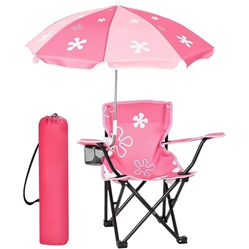 Outdoor Toddler Camping Chair with Umbrella Foldable Beach Chairs with Safety Lock for Kids Waterproof Lawn Kids Folding Chair for Outside Beach Travel(Flower)