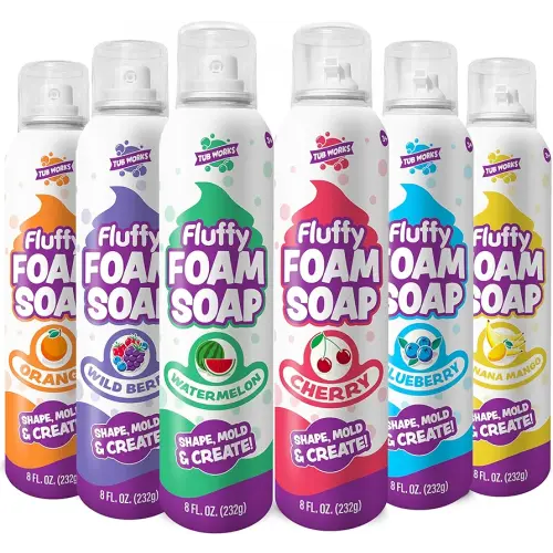 Tub Works® Fluffy Foam Soap, Variety 6 Pack | Shape, Mold & Create Bath Art with Soft Bath Foam for Kids | Gentle, Cleansing Kids Bath Soap | Easy-to-Use Spray Nozzles | Fruity, Fun Bath Colors