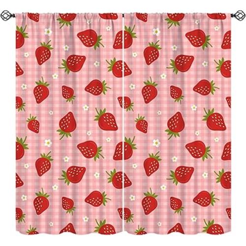 Summer Fruits Curtain Sweet Summer Strawberry Lattice Red Green Pink Window Drapes for Bedroom Living Room Kitchen Cafe （W20xL45 Inch） x2 Decor