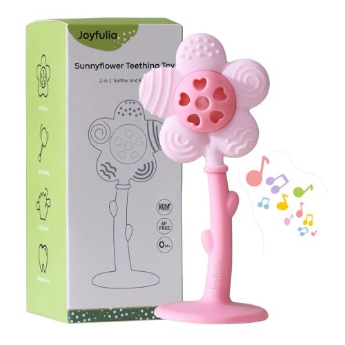 Baby Teething Toys 3-6 Months, Teether and Sensory Rattle for Babies 0-6 Months, Food Grade Silicone Teethers 6-12 Months, Infant Teething Relief Chew Toys, Sunnyflower Teether Toy BPA Free - Pink