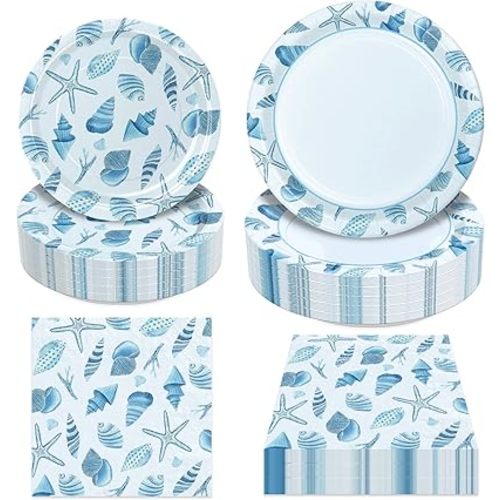 180Pcs Sea Party Supplies Paper Plates and Napkins Serve 60 Disposable Tableware Set for Birthday Party Decorations Game Day Family Holiday Sports Events