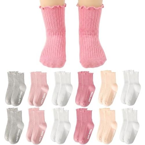 12 Pairs Baby Toddler Girls Socks with Grips Cute Ruffle Cotton Non Slip Grippy Socks for Kids Baby Toddler Girls
