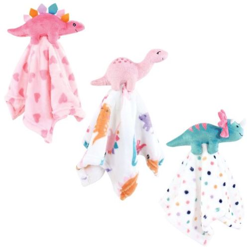 Hudson Baby Girls Animal Face Security Blanket, Cute-A-Saurus 3-Pack, One Size