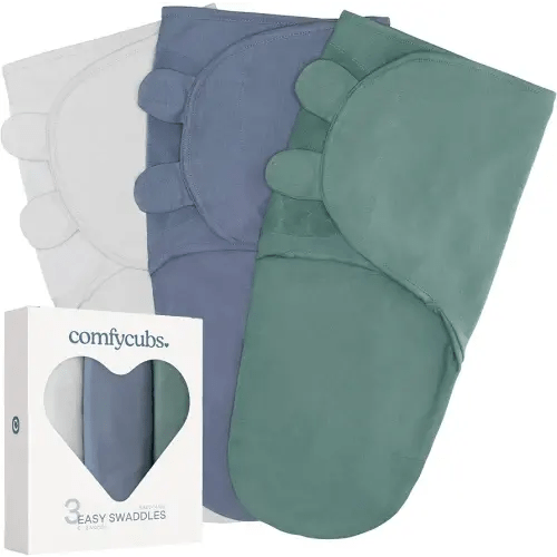 Comfy Cubs Easy Swaddle Blanket, 3 Pack - 100% Cotton Newborn Wrap, Small for 0-3 Months Infants, Breathable and Durable Sleep Sack for Babies - Stone, Nomadic Blue & Azul