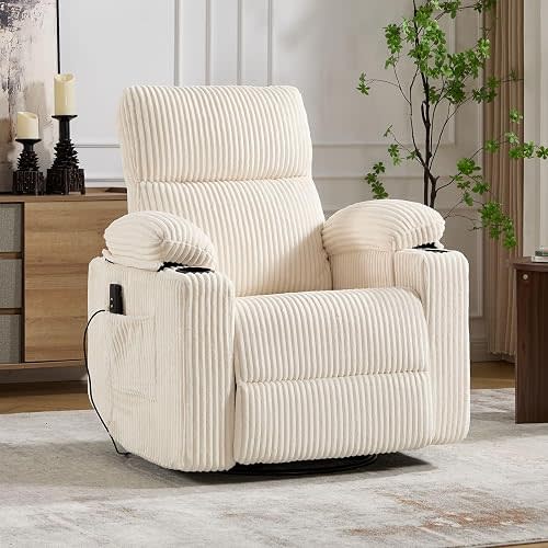 Power Swivel Rocker Recliner for Adults,Glider Recliner Nursery Chair with Overstuffed Armrests,Rocking Chair Nursery with Cup Holders & Side Pockets,USB&Type-C,Corduroy Beige