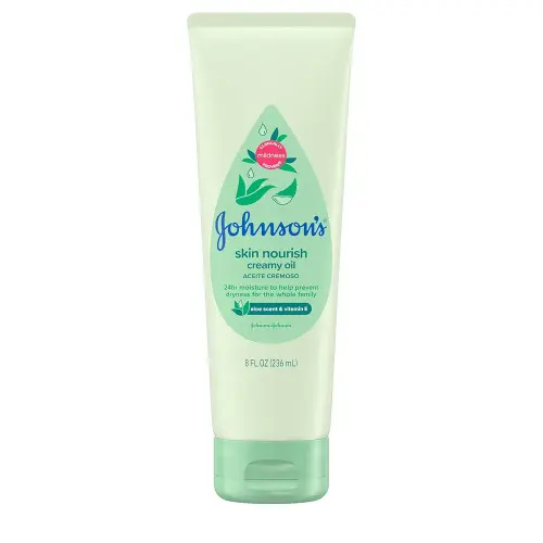 Johnson's Skin Nourish Creamy Oil, Aloe Scent & Vitamin E, Creamy Oil Helps Prevent Dryness & Moisturizes Baby's Delicate Skin for 24 Hours, Hypoallergenic & Non-Greasy, 8 fl. oz