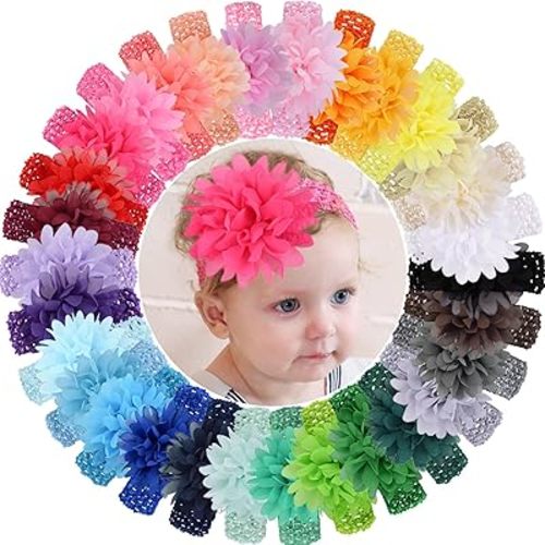 WillingTee 30pcs Baby Girls Headbands Chiffon Flower Soft Stretchy Hair Band Hair Accessories for Baby Girls Newborns Infants Toddlers and Kids