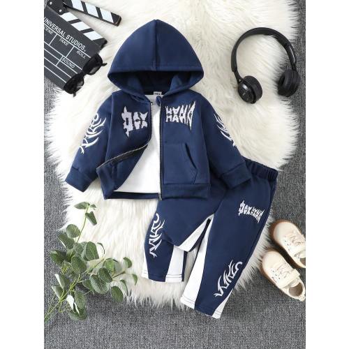 SHEIN 2pcs Baby Boys Hoodie Long Sleeve Letter Embroidered Sweatshirt Jacket & Letter Embroidered Pants Set, Soft & Comfortable, Casual Style Suitable For Autumn/Winter Outings, Outdoor Play, Vacation, Daily Wear, Travel Dark Blue Baby Boy Outfit Baby Boy
