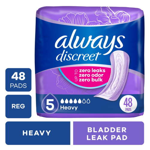 Always Discreet Adult Incontinence Pads for Women, Heavy Absorbency, Regular Length, Postpartum Pads, 48 Count