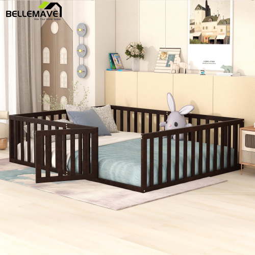 Bellemave Queen Size Floor Bed with Fence and Door, Wood Montessori Bed Frame, Floor Bed Frame, Slats Not Included (Queen,Walnut)