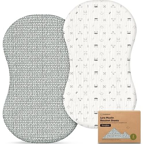 2-Pack Muslin Baby Bassinet Sheets Girls, Boys – 100% Cotton Organic Bassinet Sheets, 30x18 Hourglass Mattress Cover, Universal Fit Compatible with Halo Bassinest Swivel Sleeper Pad (Nordic)